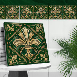Art Deco Fleur-de-lis - Grönt Marble och Guld Kakelplatta