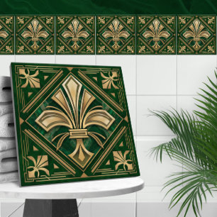 Art Deco Fleur-de-lis - Grönt Marble och Guld Kakelplatta