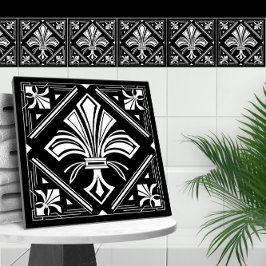 Art Deco Fleur-de-lis - svart och vitt Kakelplatta