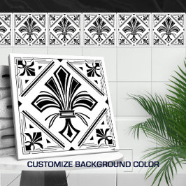 Art Deco Fleur-de-lis - svart och vitt Kakelplatta