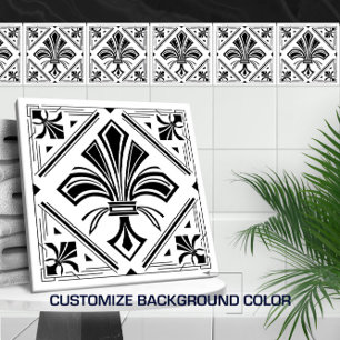 Art Deco Fleur-de-lis - svart och vitt Kakelplatta