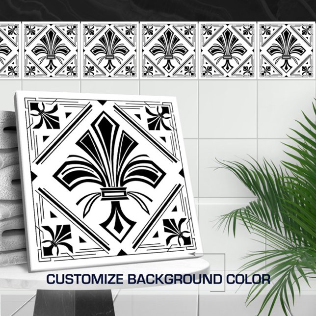Art Deco Fleur-de-lis - svart och vitt Kakelplatta (Skapare uppladdad)