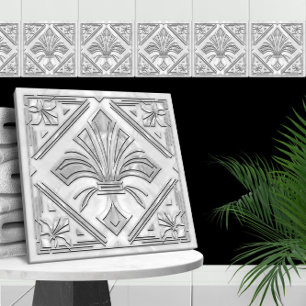 Art Deco Fleur-de-lis - vita marmorpärlor Kakelplatta