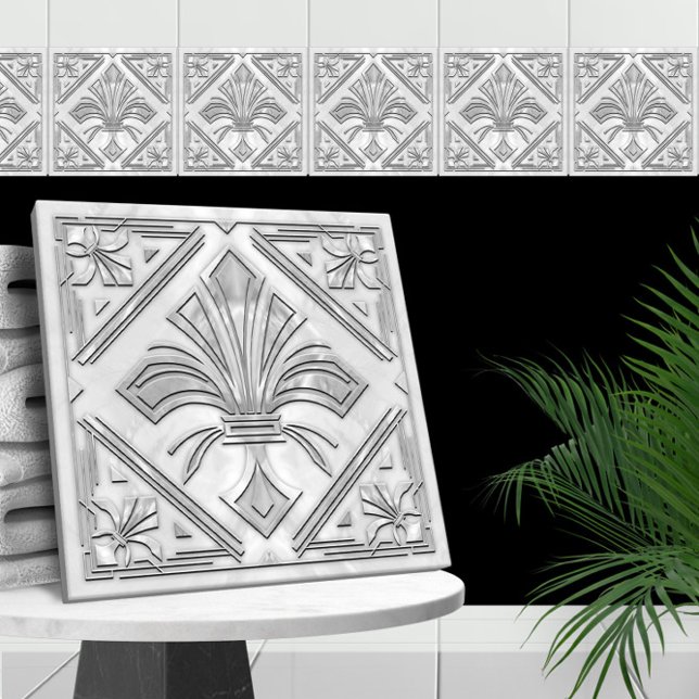 Art Deco Fleur-de-lis - vita marmorpärlor Kakelplatta (Skapare uppladdad)