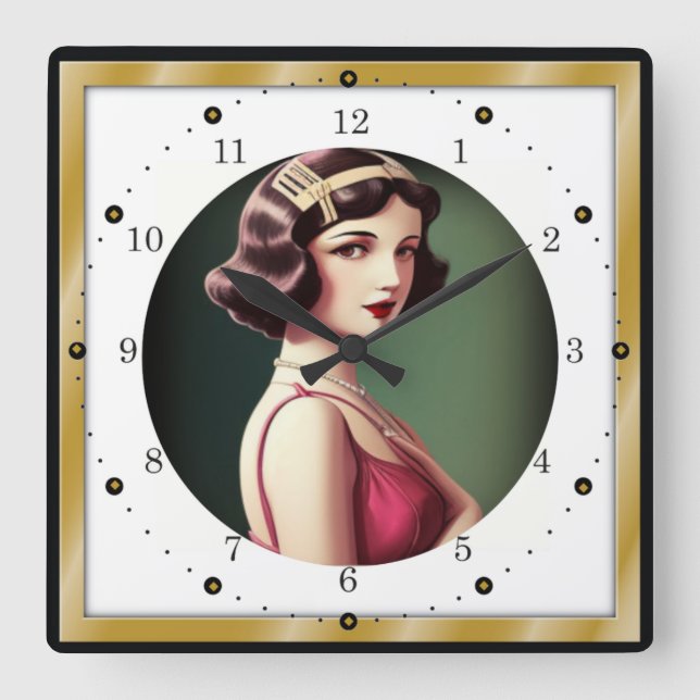 Art Deco-flicka Fyrkantig Klocka (Framsida)