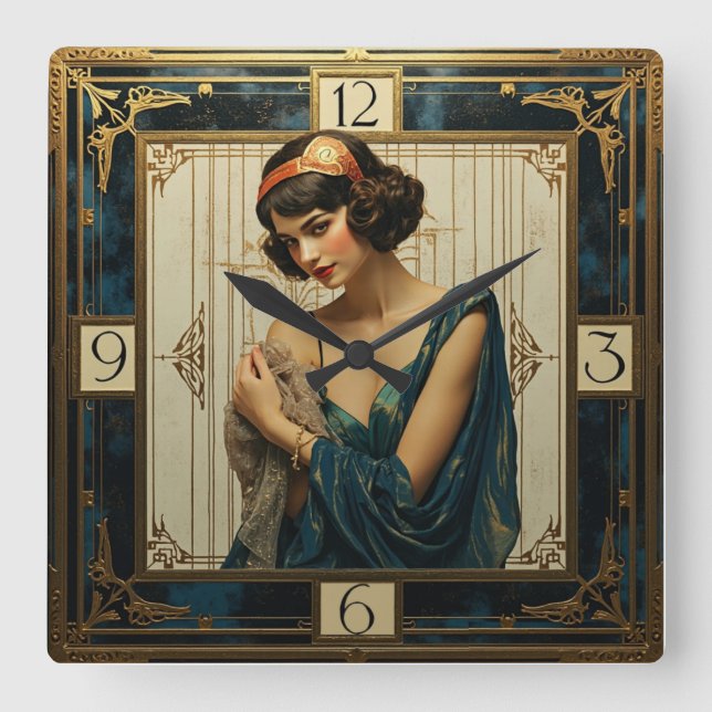 Art Deco-flicka Fyrkantig Klocka (Framsida)
