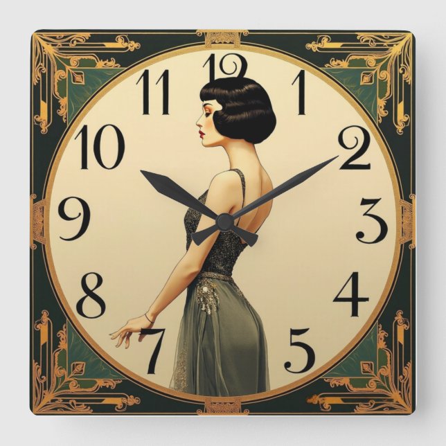 Art Deco-flicka Fyrkantig Klocka (Framsida)