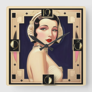 Art Deco-flicka Fyrkantig Klocka