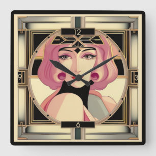 Art Deco-flicka Fyrkantig Klocka