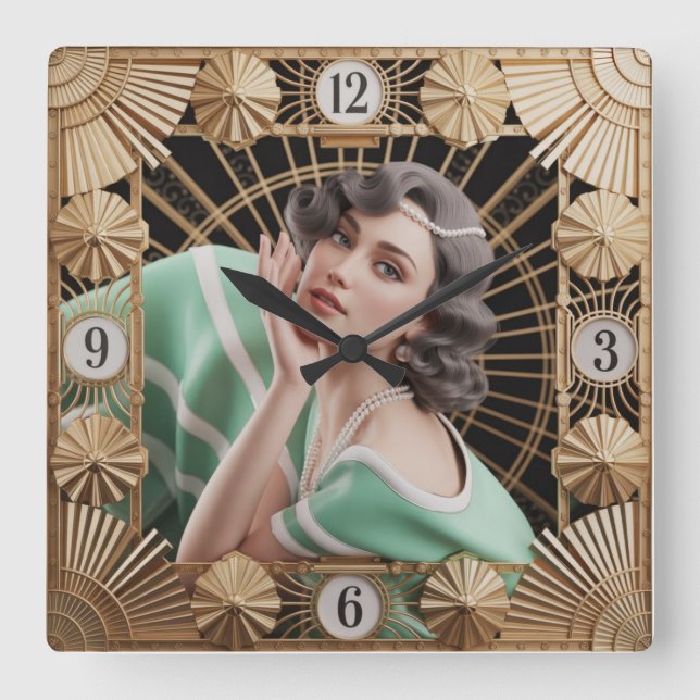 Art Deco-flicka Fyrkantig Klocka (Framsida)