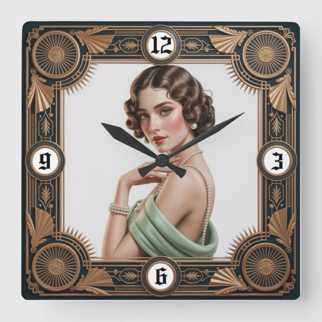 Art Deco-flicka Fyrkantig Klocka (Framsida)