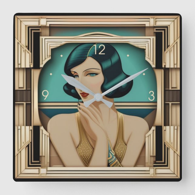 Art Deco-flicka Fyrkantig Klocka (Framsida)