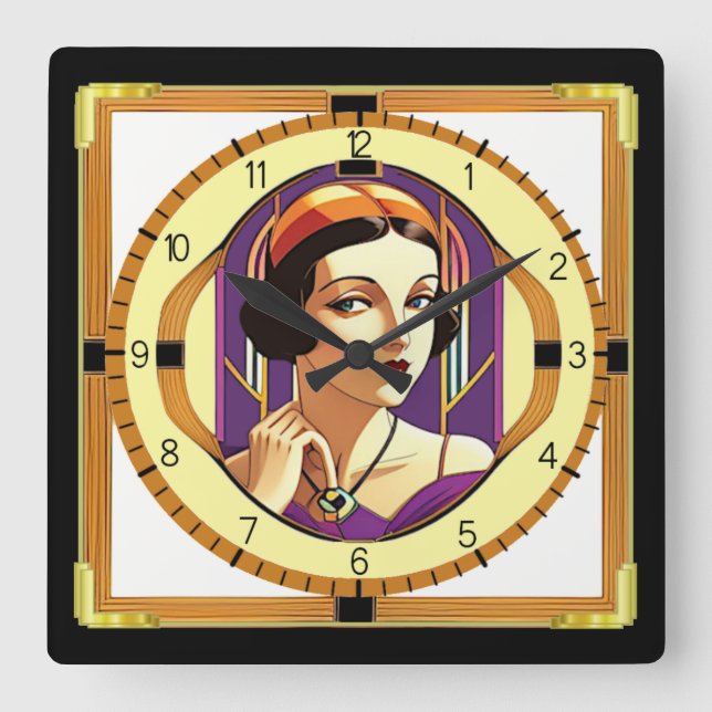 Art Deco-flicka Fyrkantig Klocka (Framsida)
