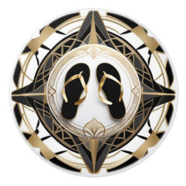 Art Deco Flip Flop Shoes Black White Guld Knopp