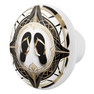 Art Deco Flip Flop Shoes Black White Guld Knopp