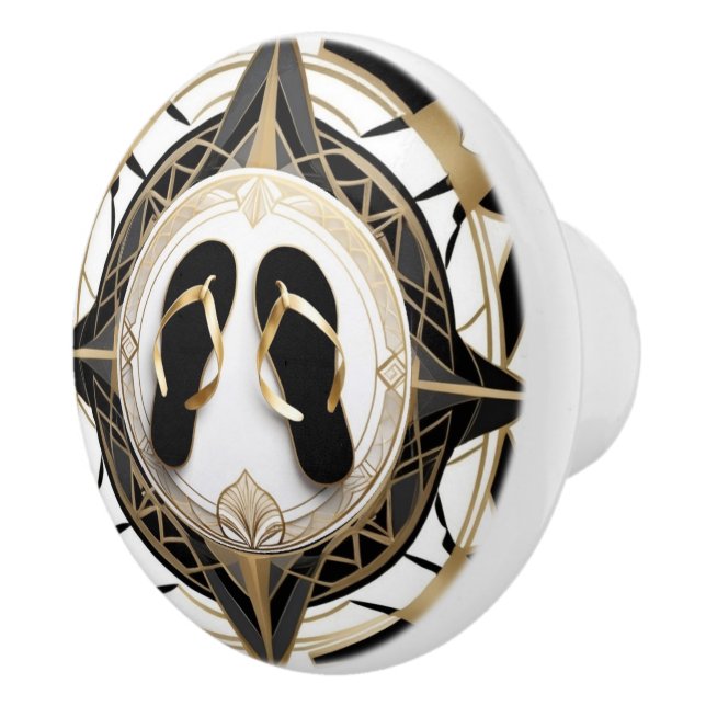 Art Deco Flip Flop Shoes Black White Guld Knopp (Höger)