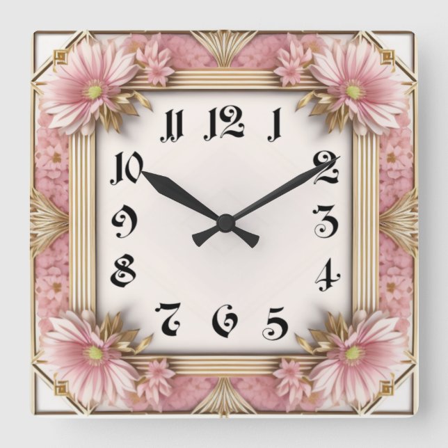 Art Deco Flower Pink Fyrkantig Klocka (Framsida)