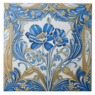 Art Deco Flowers Art nouveau Blommigt Guld och Blu Kakelplatta