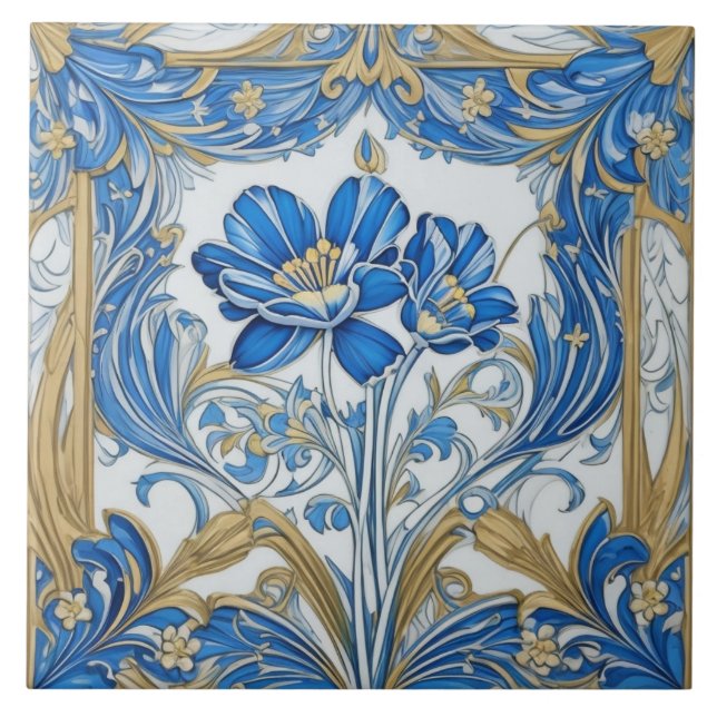 Art Deco Flowers Art nouveau Blommigt Guld och Blu Kakelplatta (Framsidan)