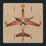 Art Deco-flygplan, Bronze, Guld och Rust Brown Fyrkantig Klocka<br><div class="desc">Klocket i en Art Deco-inspirerad idé om en futuristiska flygplan,  i en strimmig,  silkesaktig övertoning av brons/rosbrun,  accentuerad med mjuk guld,  på en beige och tan,  Deco-bakgrund</div>