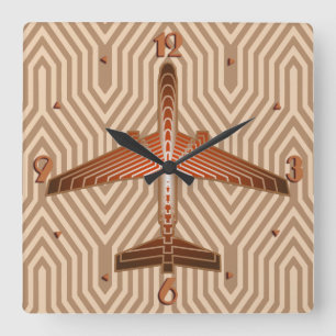 Art Deco-flygplan, Bronze, Guld och Rust Brown Fyrkantig Klocka