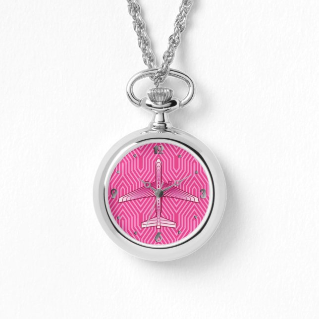 Art Deco-flygplan, Fuchsia- och Pastel-Rosa Armbandsur (Framsida)