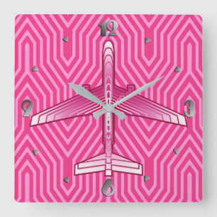 Art Deco-flygplan, Fuchsia- och Pastel-Rosa Fyrkantig Klocka