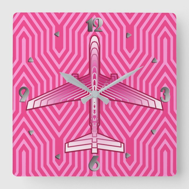 Art Deco-flygplan, Fuchsia- och Pastel-Rosa Fyrkantig Klocka (Framsida)
