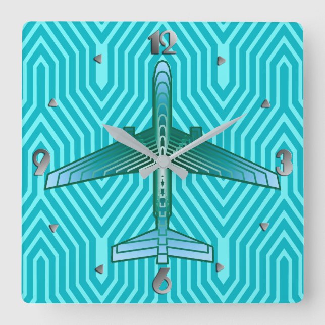 Art Deco-flygplan, turkos, Teal och Aqua Fyrkantig Klocka (Framsida)