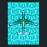 Art Deco-flygplan, turkos, Teal och Aqua Poster<br><div class="desc">Skriv ut i en Art Deco-inspirerad idé om en futuristiska flygplan,  i en remsad,  silkesfärgad övertoning av teal,  turkos och akvarier,  på en turkos och akva,  dekobakgrund</div>