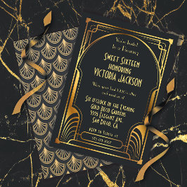 Art Deco Födelsedagsfest Guld & Black Inbjudningar