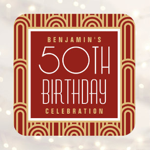 Art Deco Födelsedagsfest Namn Rött Guld Fyrkantigt Klistermärke