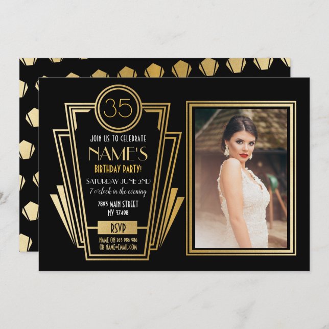 Art Deco Födelsedagsfest Photo Inbjudan Gatsby 192 (Fram/baksida)