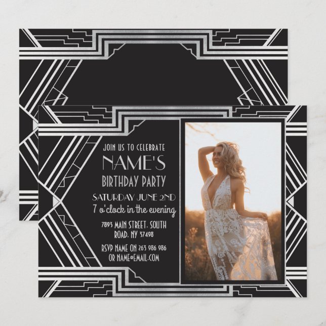Art Deco Födelsedagsfest Photo Inbjudan Gatsby 192 (Fram/baksida)