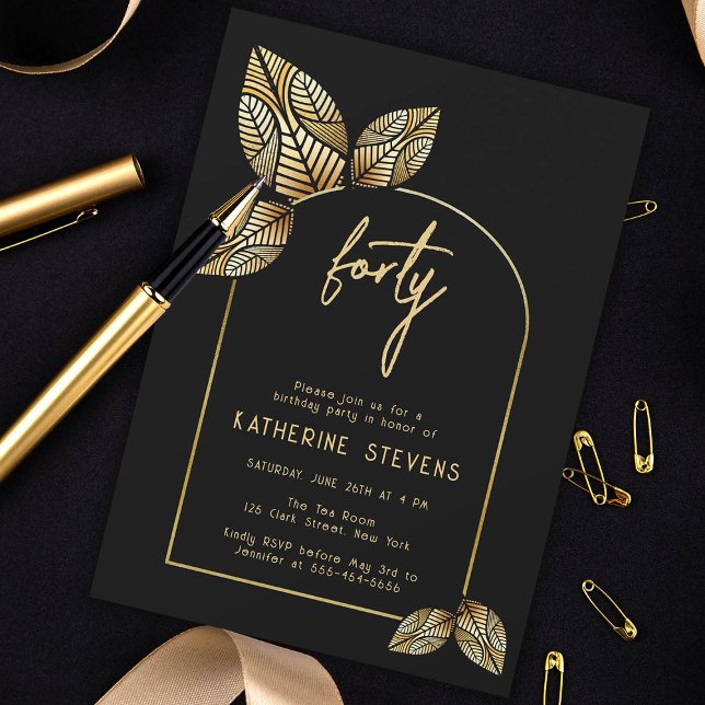 Art Deco Foliage Guld Boho Botanical 40:e födelsed Inbjudningar (art deco gold black botanical leaf 40th birthday invitation card diy women gatsby roaring 20s classy)