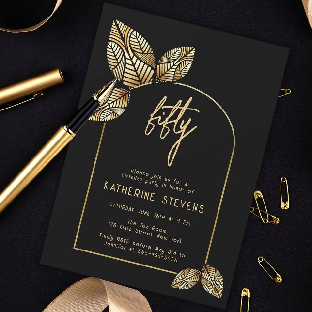 Art Deco Foliage Guld Boho Botanical 50:e födelsed Inbjudningar (art deco 50th birthday invitation card diy women botanical gold foliage stylized gatsby roaring 20s )