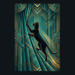 Art Deco Fönsterbräda Svart Katt Väggkonst<br><div class="desc">En eftertänksam svart katt silhuett sitter på en geometrisk teal fönsterbräda och blickar utåt,  inramad av stiliserade gyllene gardinfållar och orange solnedgångsstrålar. Denna eleganta 1920-tals scen ger fredlig sofistikation till sovrum,  korridorer och vardagsrum.</div>