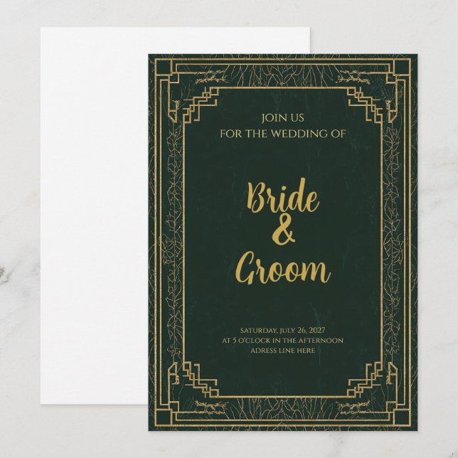 Art Deco Forest Green Gold Inbjudningar (Fram/baksida)