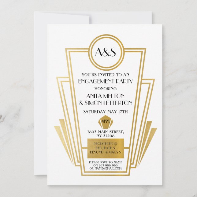 Art Deco Förlovningsfest Inbjudan Gatsby Guld 1920 (Framsida)