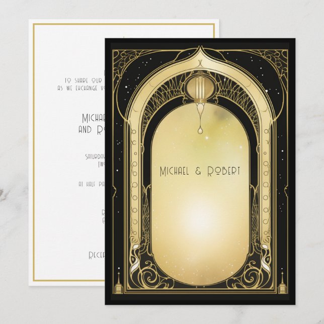 Art Deco Formell svart & guld bröllop  Inbjudningar (Fram/baksida)