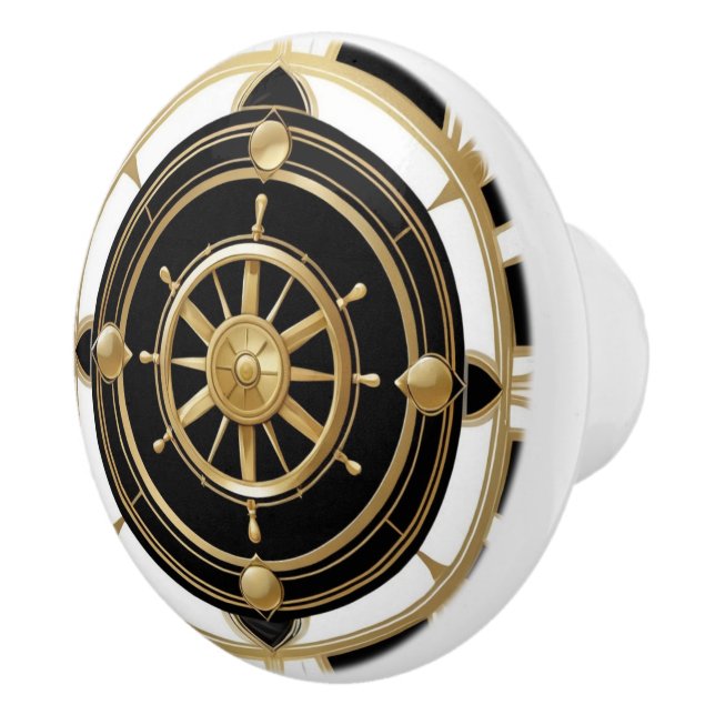 Art Deco Frakt Wheel Black White Guld Nautical Knopp (Höger)