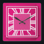 Art Deco, fuchsia rosa Fyrkantig Klocka<br><div class="desc">Art Deco,  fuchsia rosa/magenta 3-effektväggklocka med vita siffror - digitalgrafik</div>