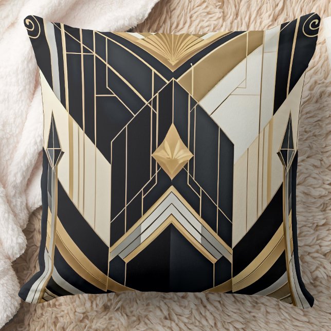 Art Deco gammalt guld svart geometrisk tri design Kudde (Skapare uppladdad)