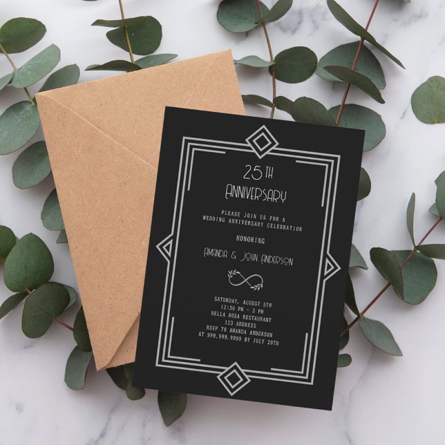 Art Deco Gatsby black 25th wedding anniversary Inbjudningar (Skapare uppladdad)