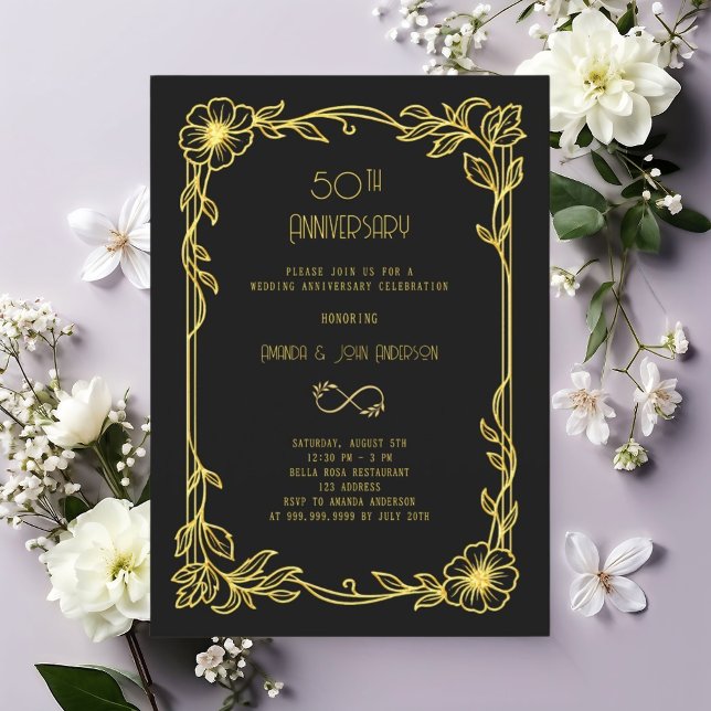 Art Deco Gatsby black 50th wedding anniversary Inbjudningar (Skapare uppladdad)
