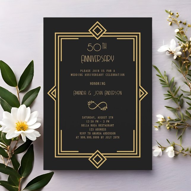 Art Deco Gatsby black 50th wedding anniversary Inbjudningar (Skapare uppladdad)