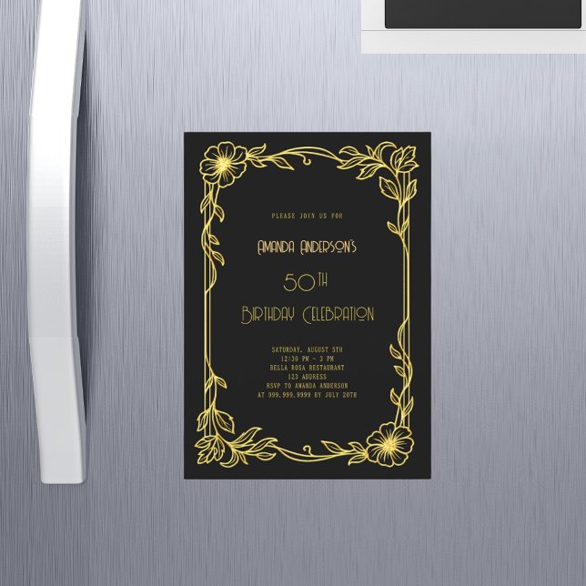 Art Deco Gatsby black gold birthday  Magnetisk Inbjudningskort (Skapare uppladdad)