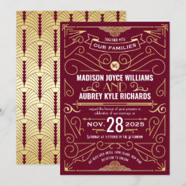 Art Deco Gatsby Bröllop Elegant Guld Burgundy Inbjudningar