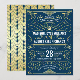 Art Deco Gatsby Bröllop Elegant Guld Mörk blått Inbjudningar