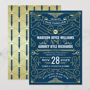 Art Deco Gatsby Bröllop Elegant Guld Mörk blått Inbjudningar